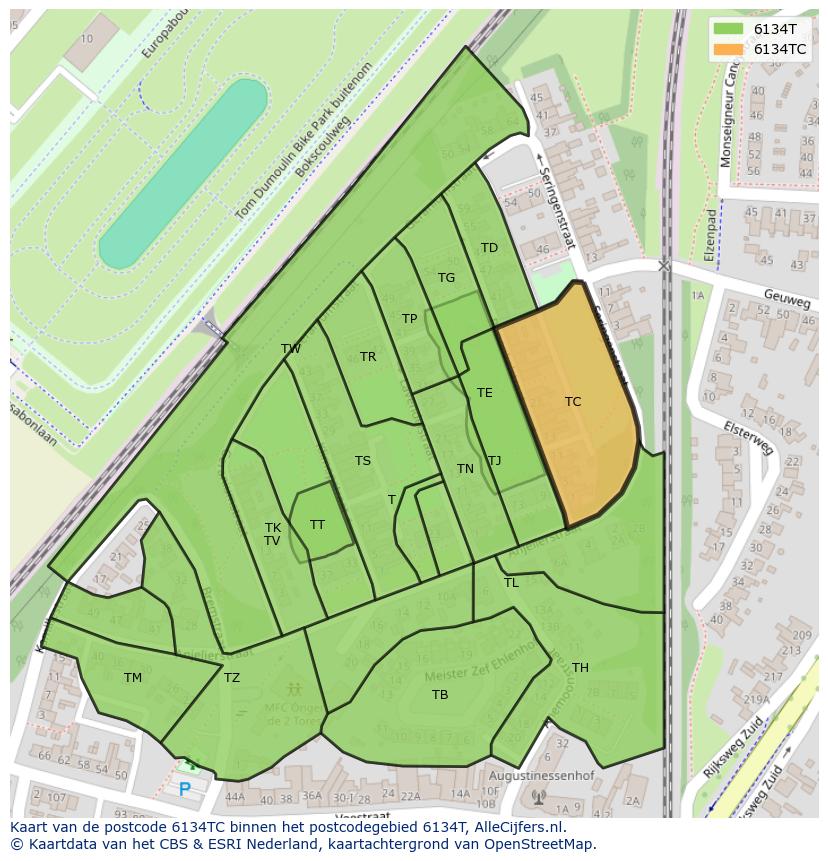 Afbeelding van het postcodegebied 6134 TC op de kaart.