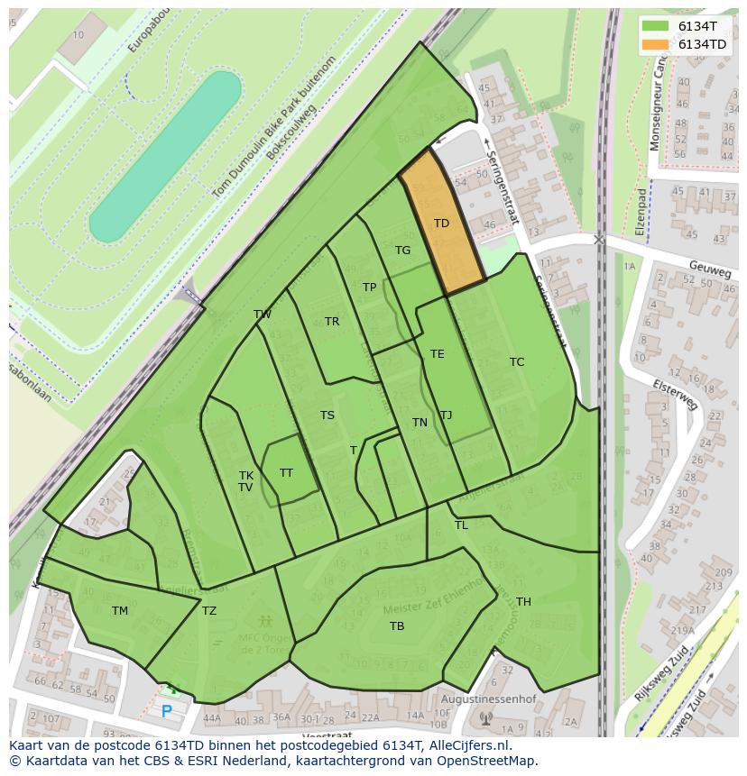 Afbeelding van het postcodegebied 6134 TD op de kaart.