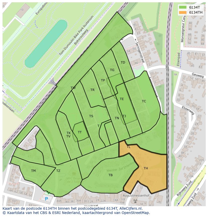 Afbeelding van het postcodegebied 6134 TH op de kaart.