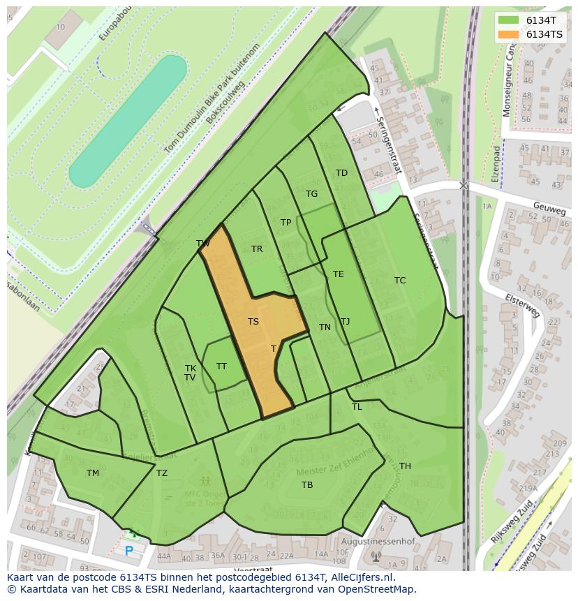 Afbeelding van het postcodegebied 6134 TS op de kaart.