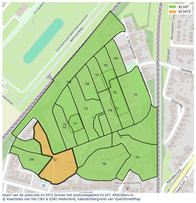 Afbeelding van het postcodegebied 6134 TZ op de kaart.
