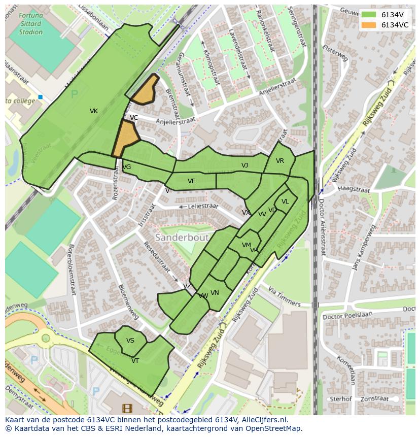 Afbeelding van het postcodegebied 6134 VC op de kaart.