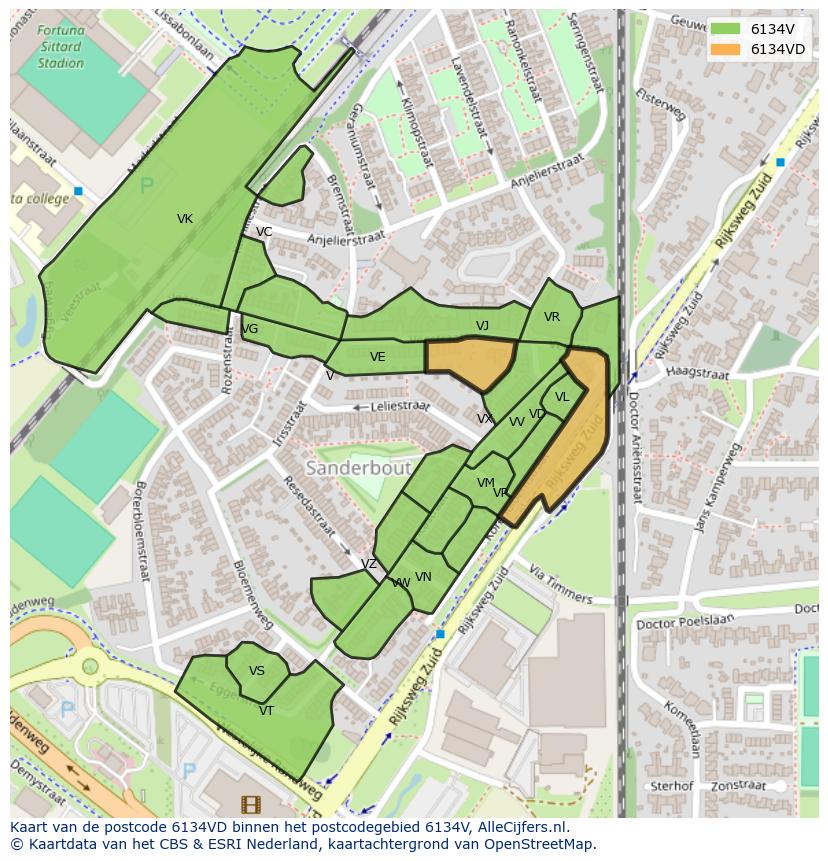Afbeelding van het postcodegebied 6134 VD op de kaart.