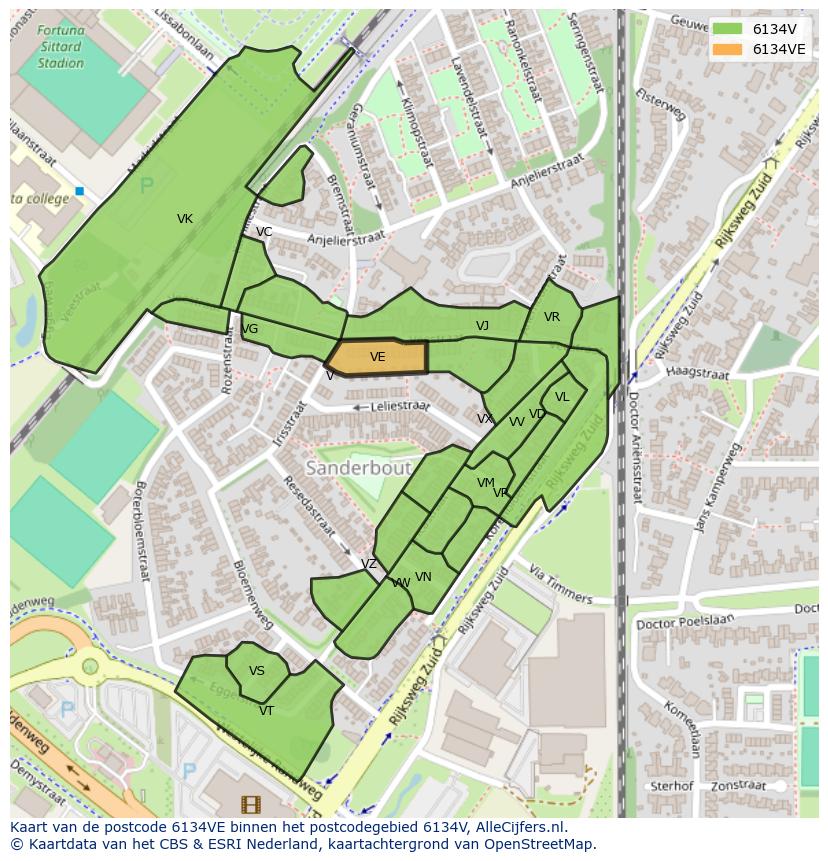 Afbeelding van het postcodegebied 6134 VE op de kaart.