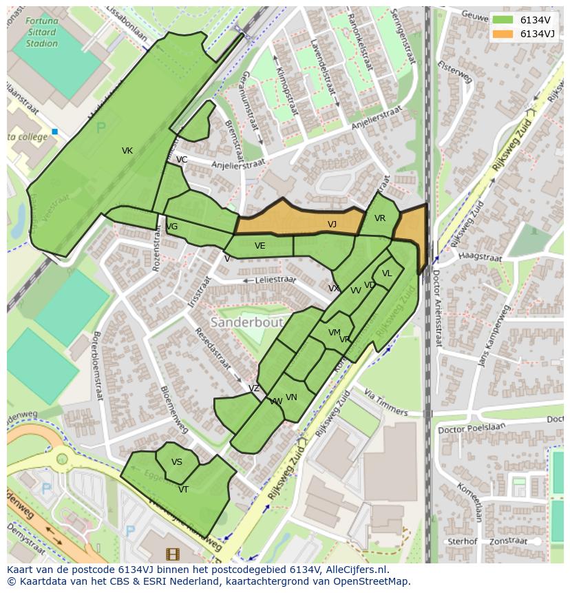 Afbeelding van het postcodegebied 6134 VJ op de kaart.