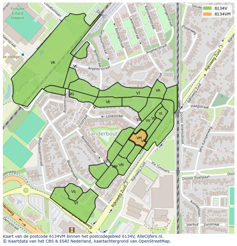 Afbeelding van het postcodegebied 6134 VM op de kaart.