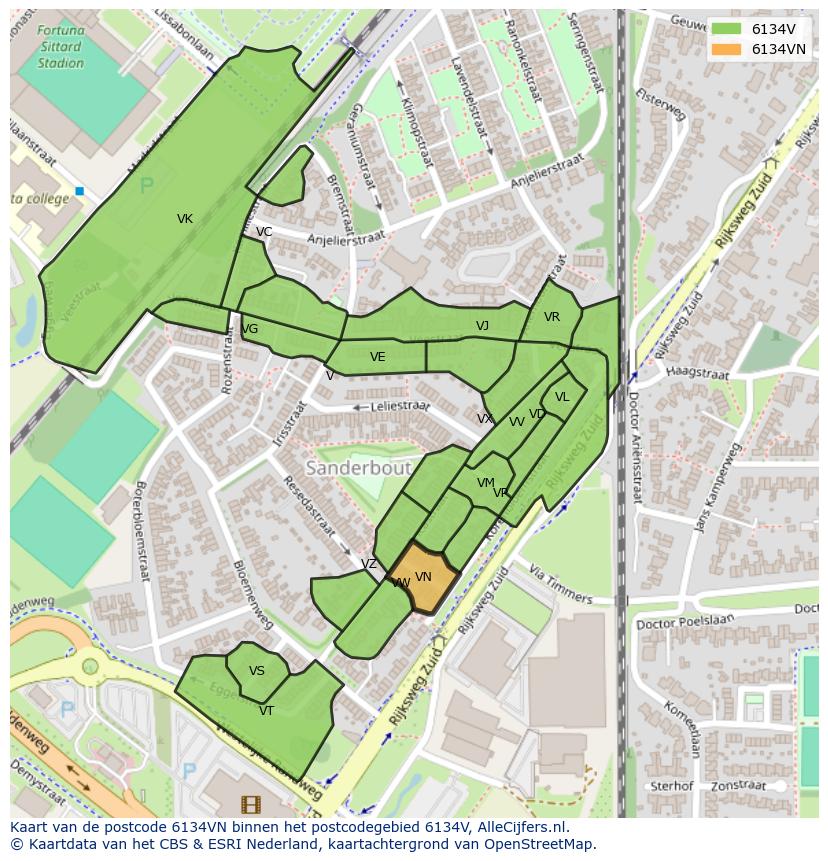 Afbeelding van het postcodegebied 6134 VN op de kaart.