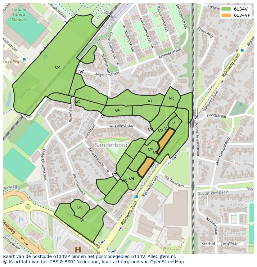 Afbeelding van het postcodegebied 6134 VP op de kaart.