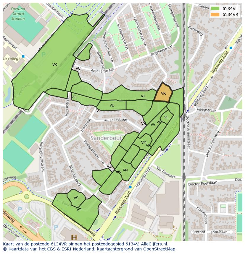 Afbeelding van het postcodegebied 6134 VR op de kaart.