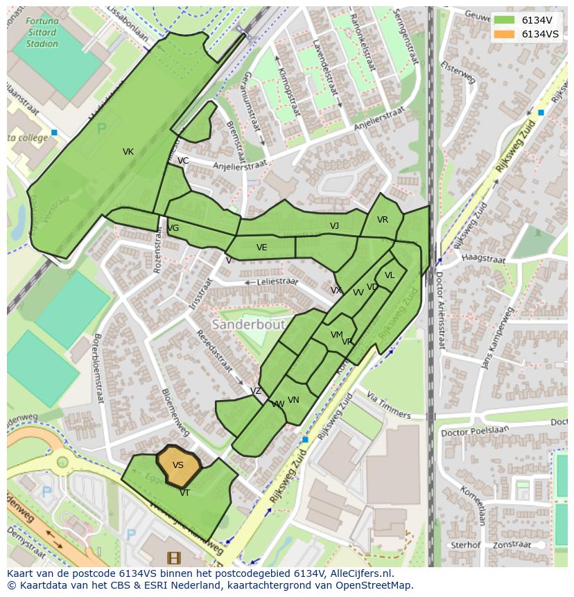 Afbeelding van het postcodegebied 6134 VS op de kaart.