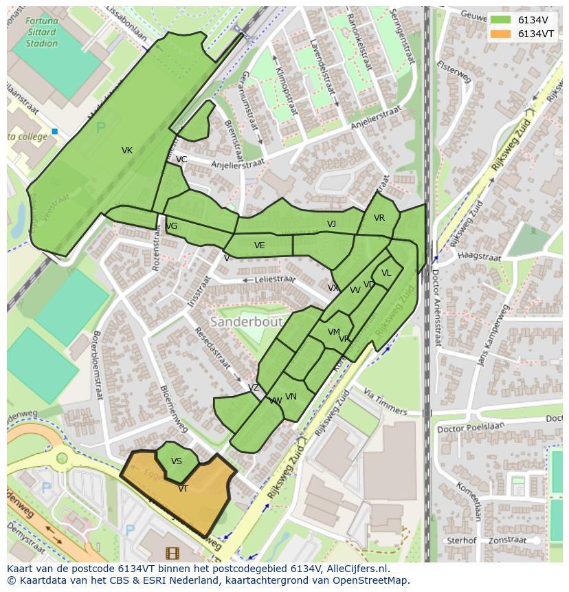 Afbeelding van het postcodegebied 6134 VT op de kaart.