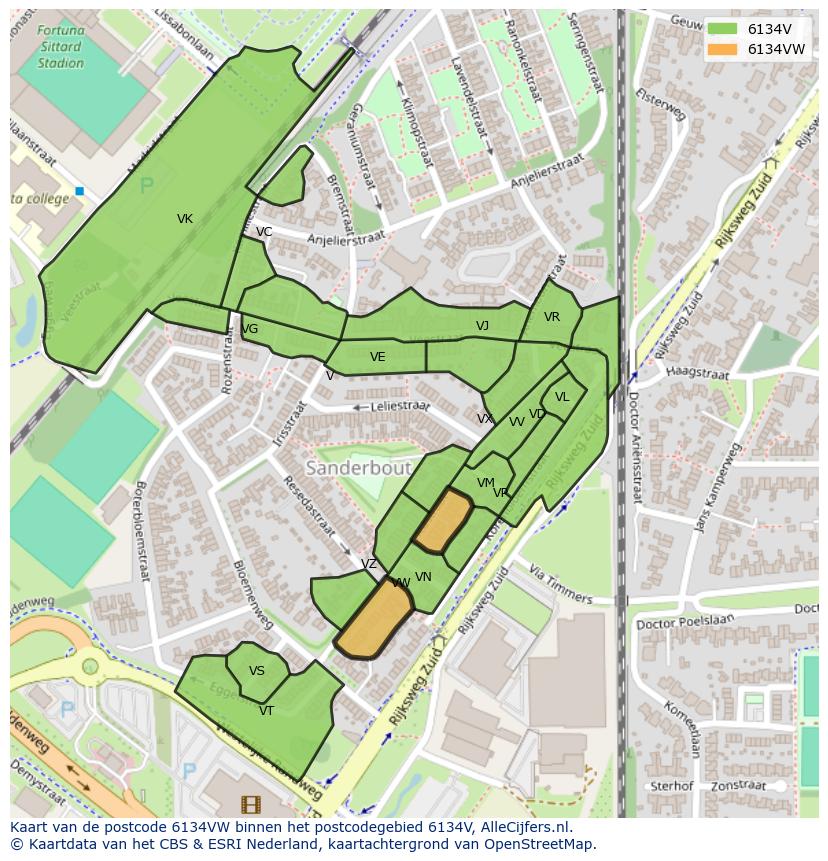 Afbeelding van het postcodegebied 6134 VW op de kaart.