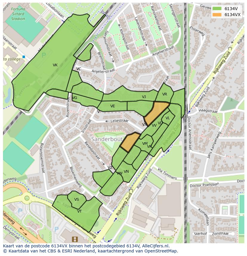 Afbeelding van het postcodegebied 6134 VX op de kaart.