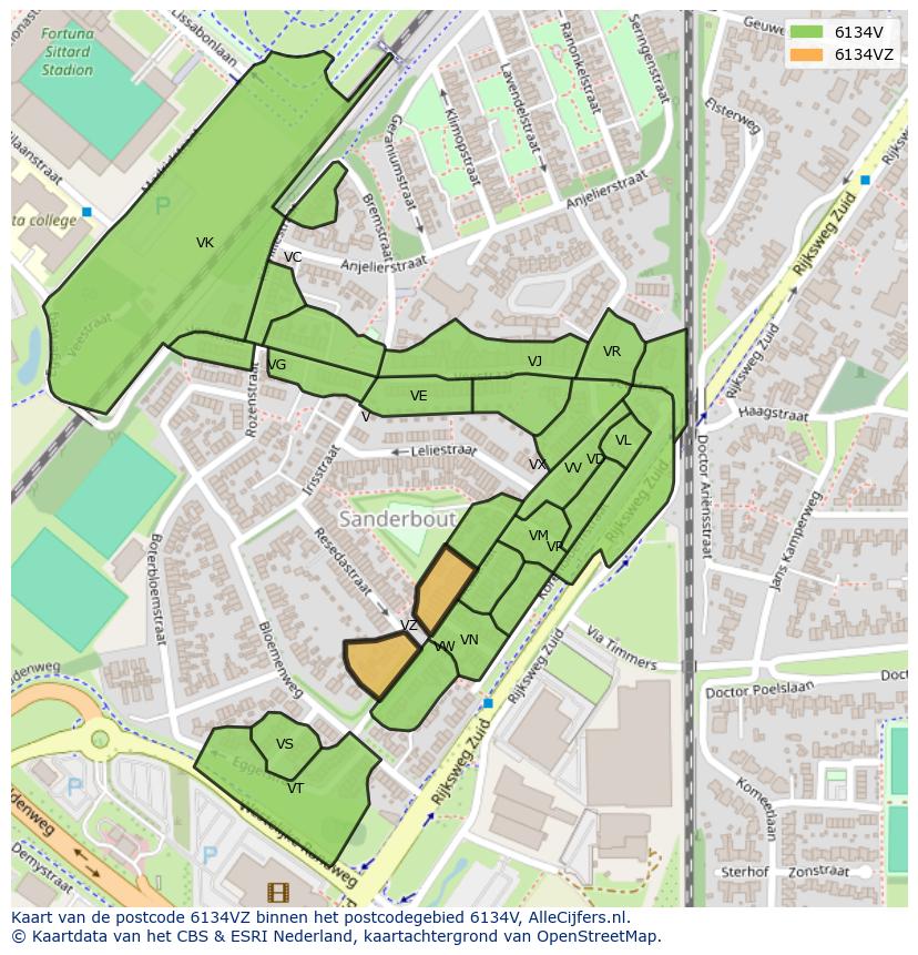 Afbeelding van het postcodegebied 6134 VZ op de kaart.
