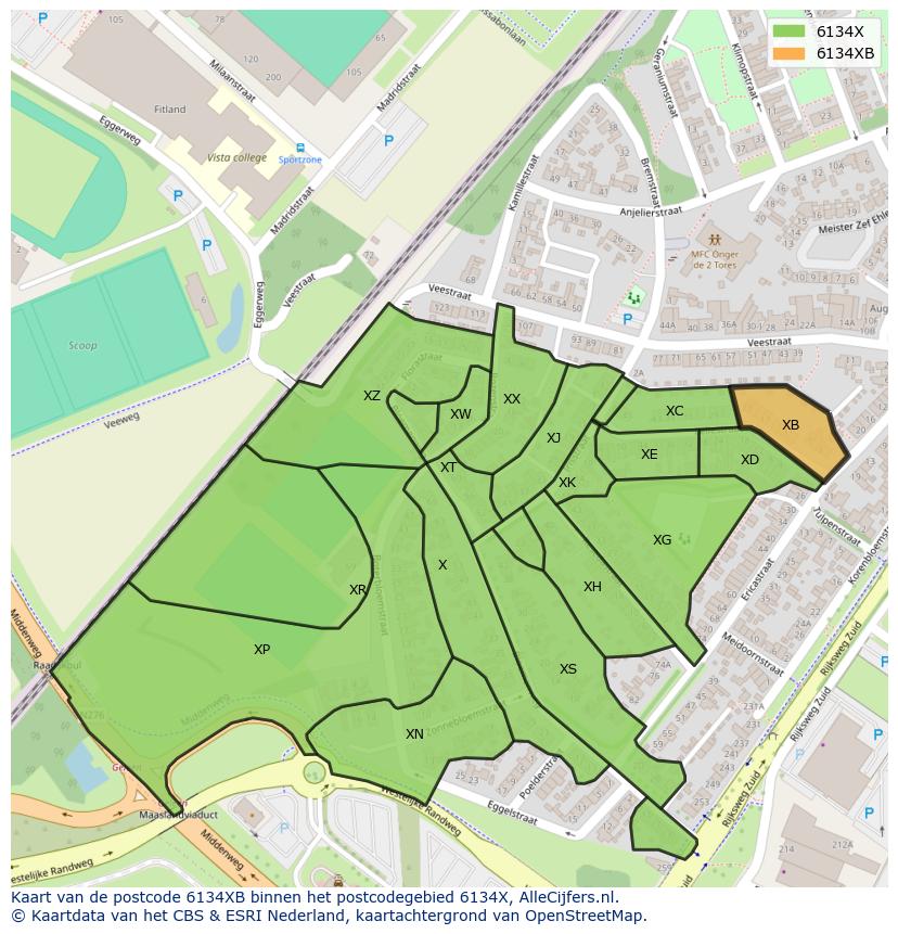 Afbeelding van het postcodegebied 6134 XB op de kaart.