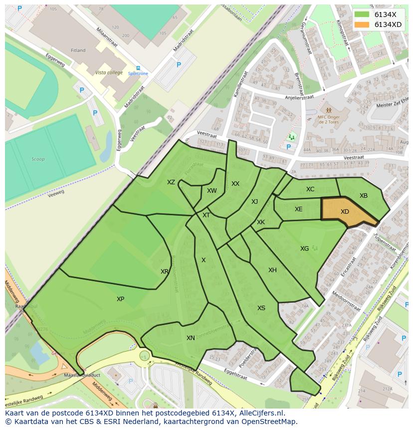 Afbeelding van het postcodegebied 6134 XD op de kaart.