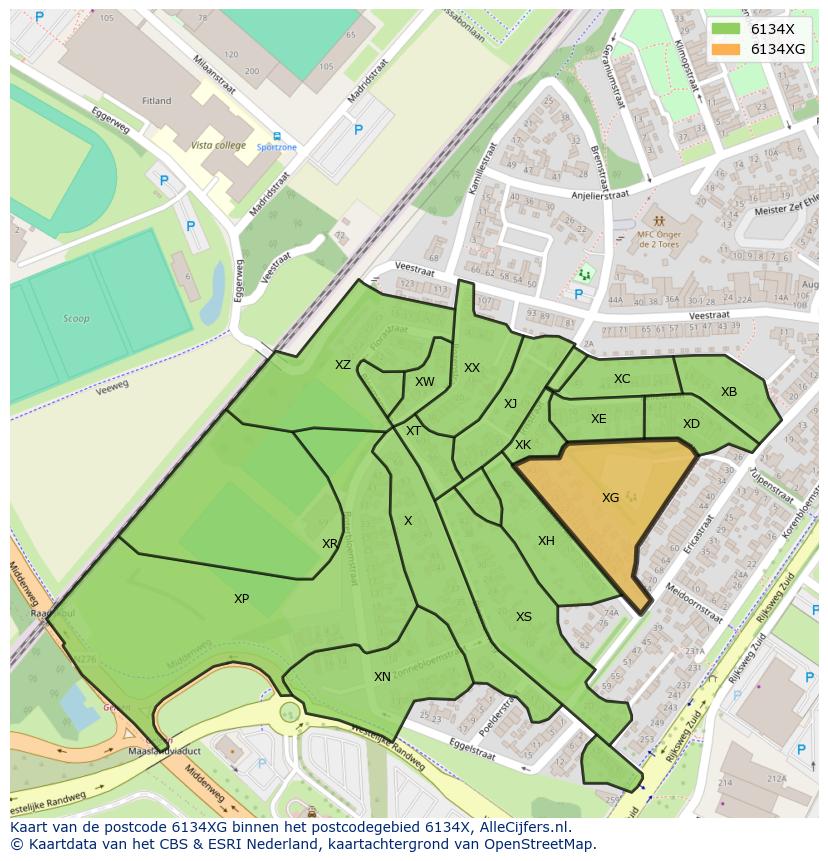 Afbeelding van het postcodegebied 6134 XG op de kaart.
