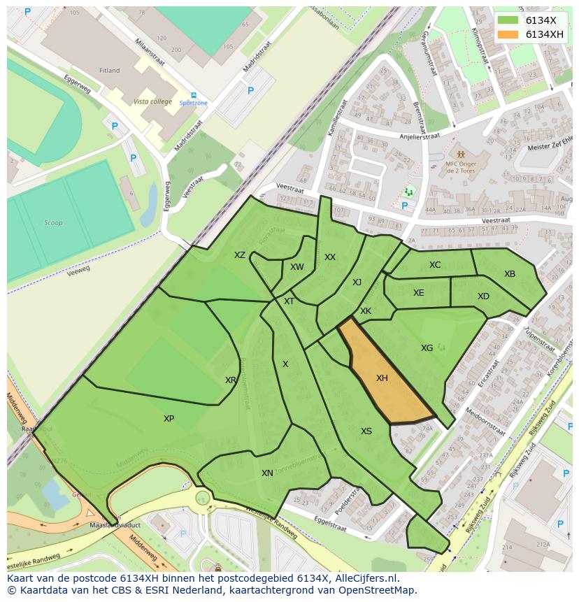 Afbeelding van het postcodegebied 6134 XH op de kaart.