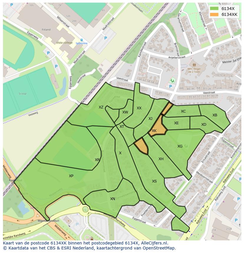 Afbeelding van het postcodegebied 6134 XK op de kaart.