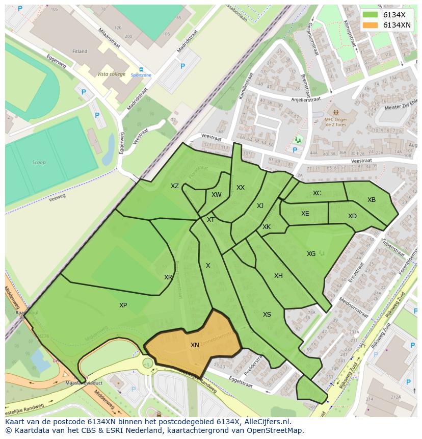 Afbeelding van het postcodegebied 6134 XN op de kaart.