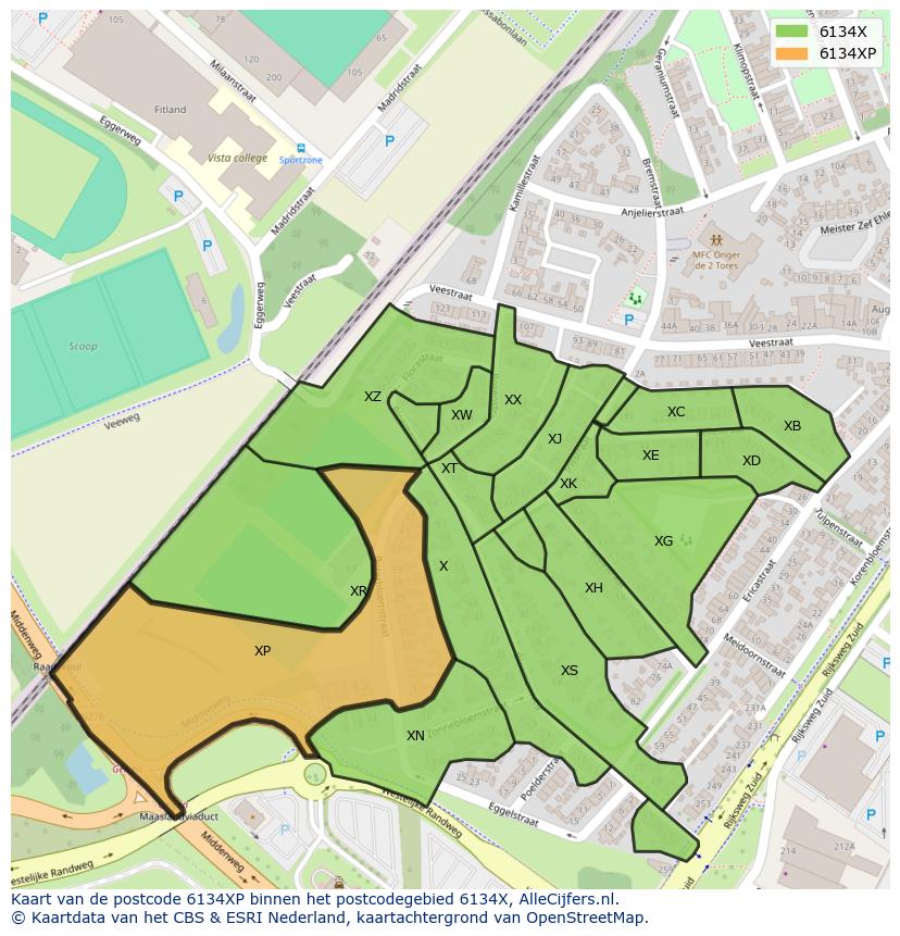 Afbeelding van het postcodegebied 6134 XP op de kaart.