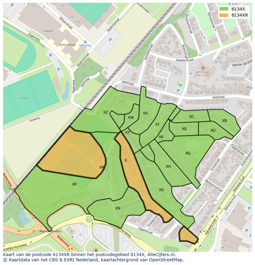 Afbeelding van het postcodegebied 6134 XR op de kaart.