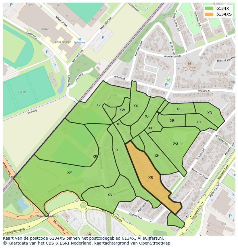 Afbeelding van het postcodegebied 6134 XS op de kaart.
