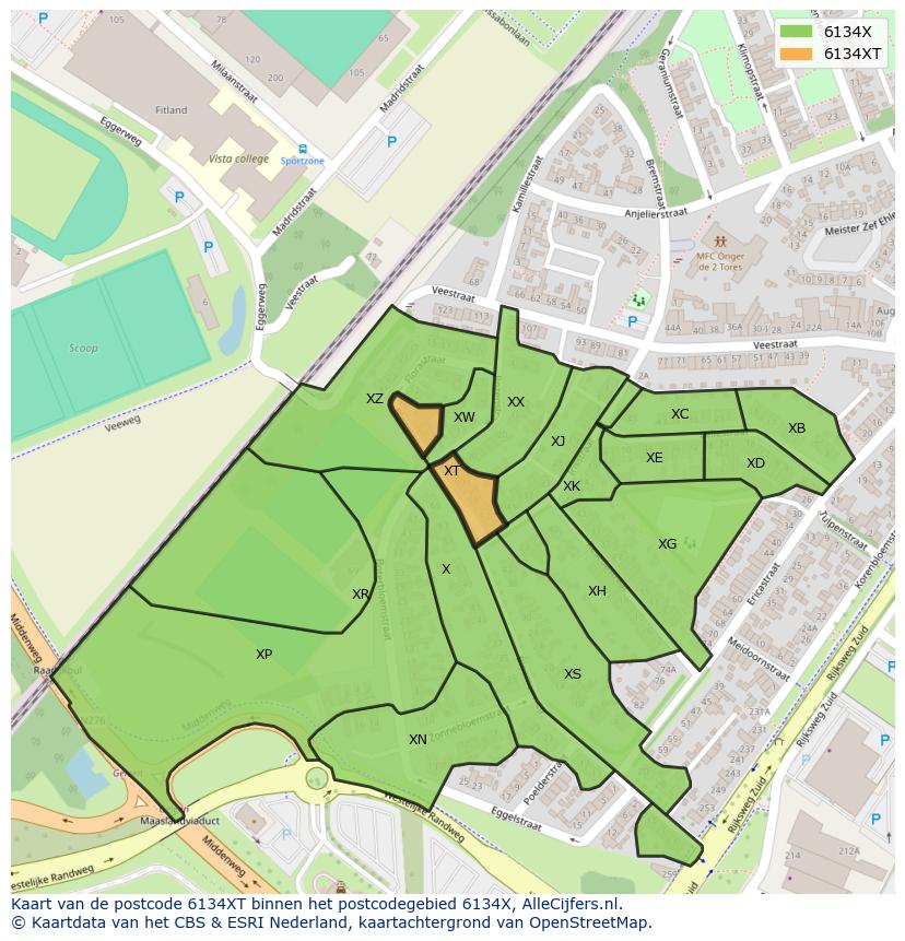 Afbeelding van het postcodegebied 6134 XT op de kaart.