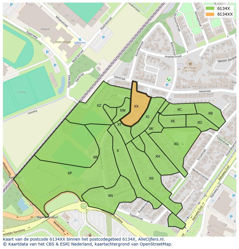 Afbeelding van het postcodegebied 6134 XX op de kaart.