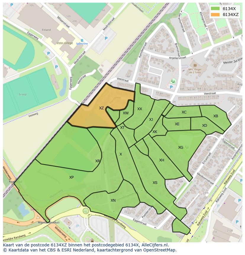 Afbeelding van het postcodegebied 6134 XZ op de kaart.