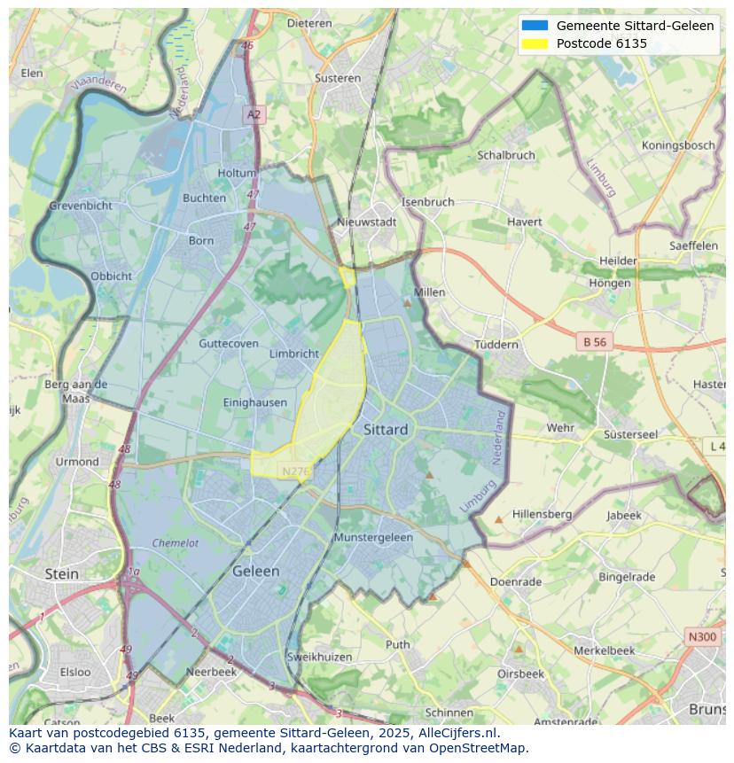 Afbeelding van het postcodegebied 6135 op de kaart.