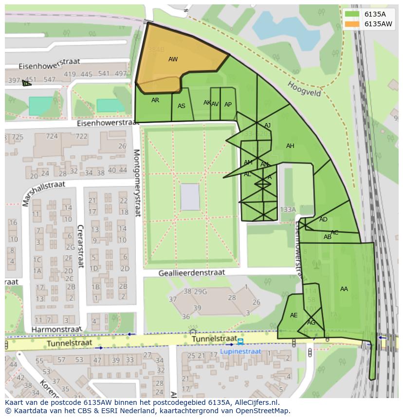 Afbeelding van het postcodegebied 6135 AW op de kaart.