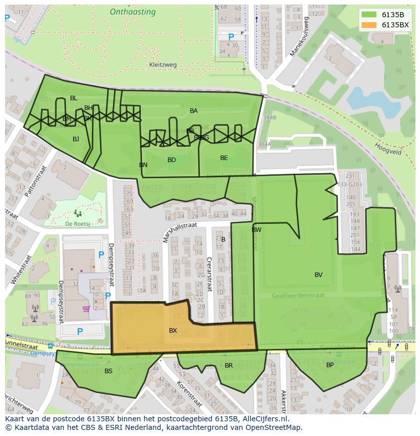 Afbeelding van het postcodegebied 6135 BX op de kaart.