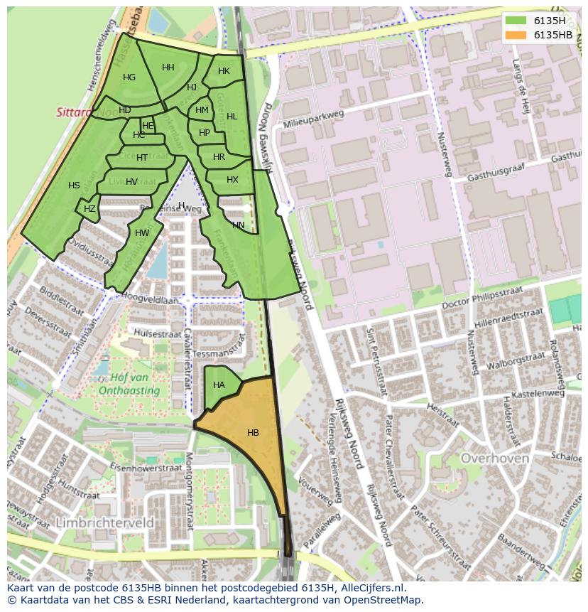 Afbeelding van het postcodegebied 6135 HB op de kaart.
