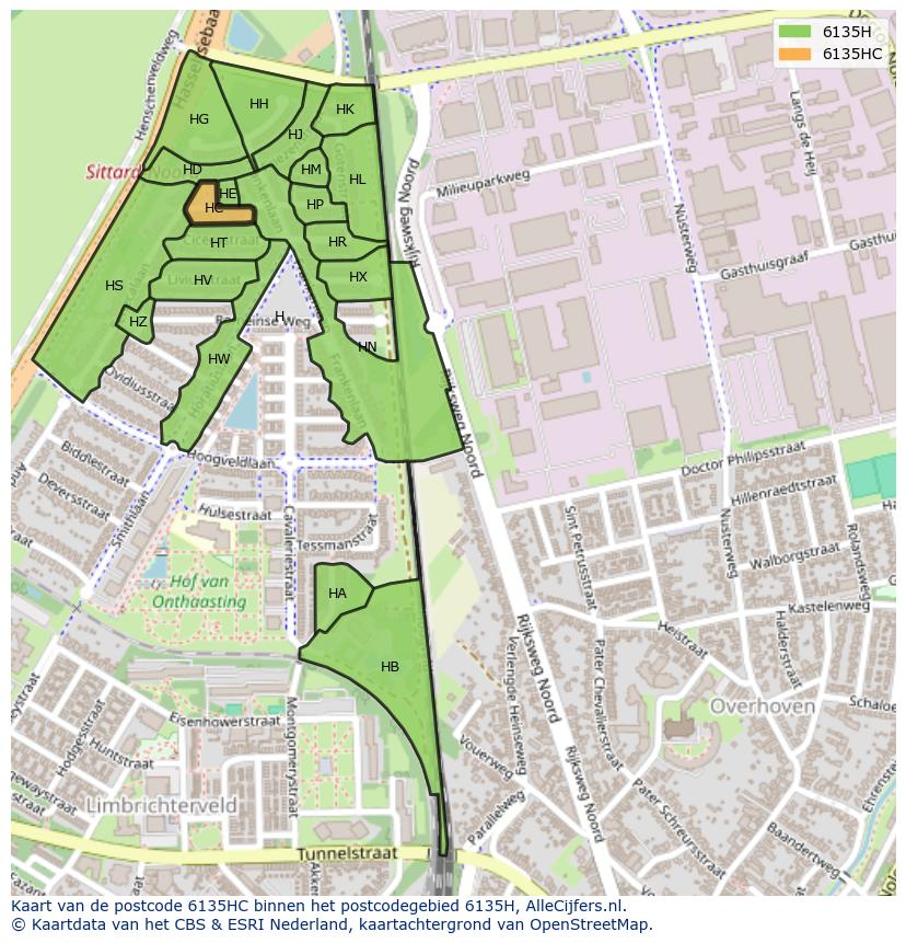 Afbeelding van het postcodegebied 6135 HC op de kaart.