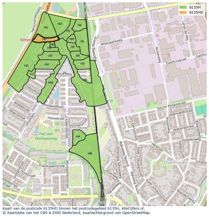 Afbeelding van het postcodegebied 6135 HD op de kaart.
