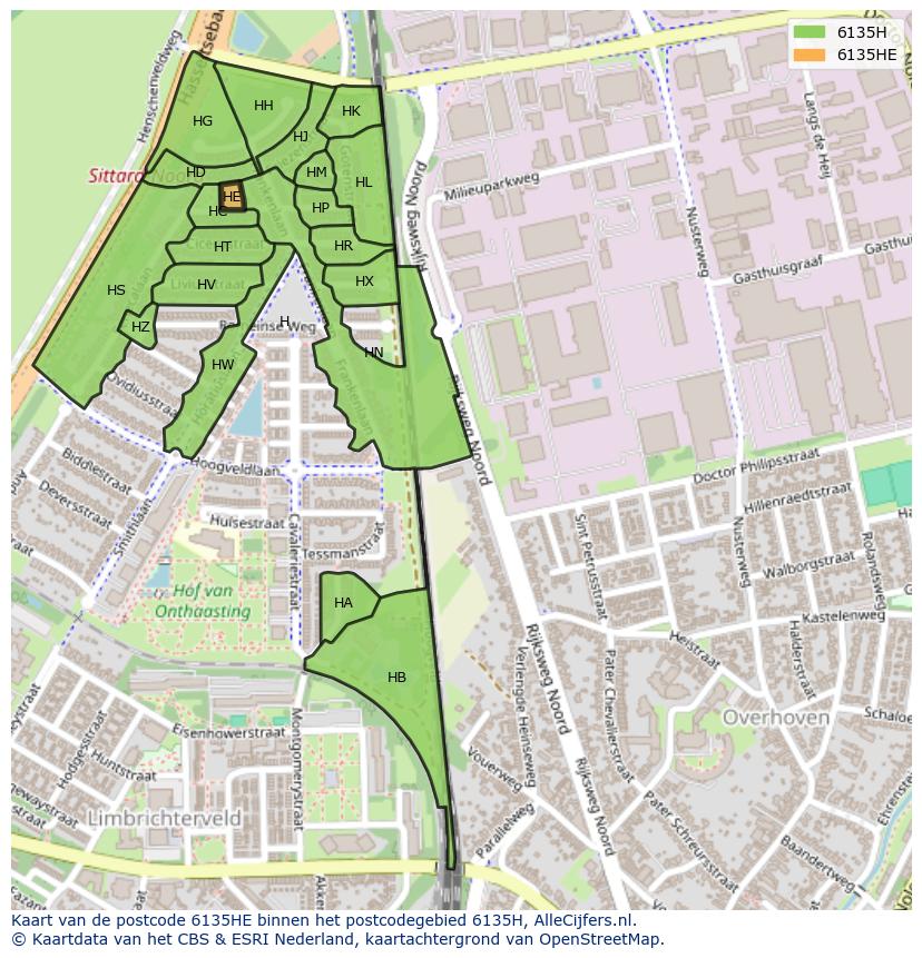 Afbeelding van het postcodegebied 6135 HE op de kaart.