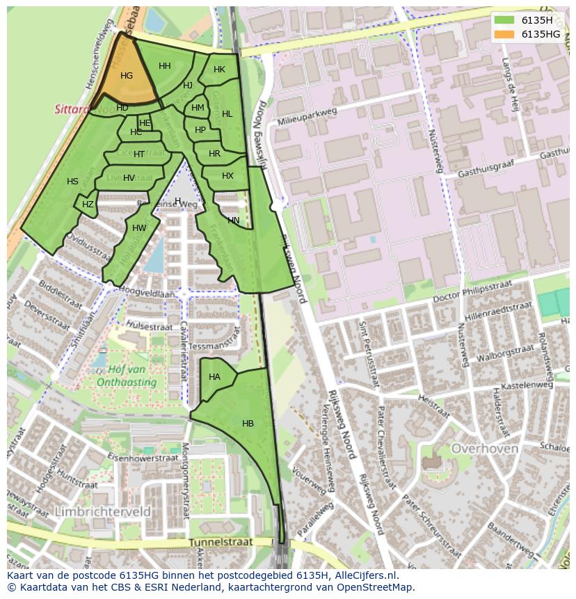 Afbeelding van het postcodegebied 6135 HG op de kaart.