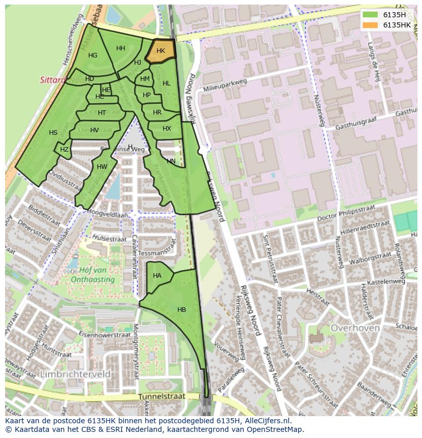 Afbeelding van het postcodegebied 6135 HK op de kaart.