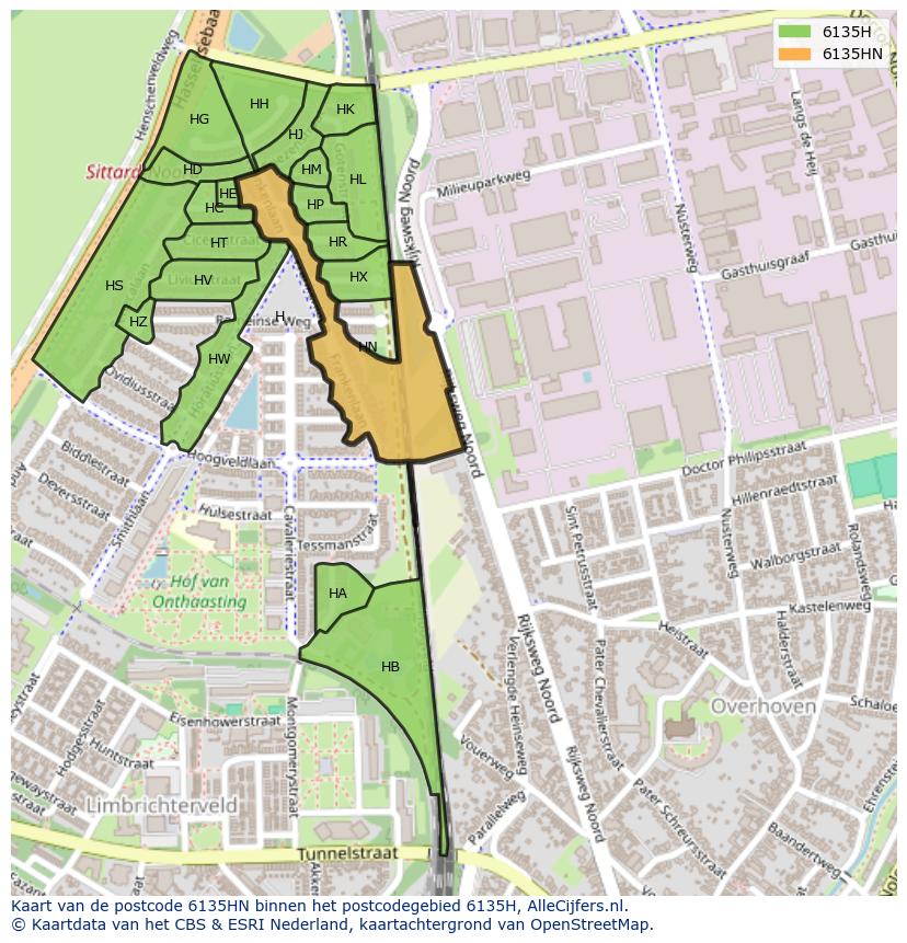 Afbeelding van het postcodegebied 6135 HN op de kaart.