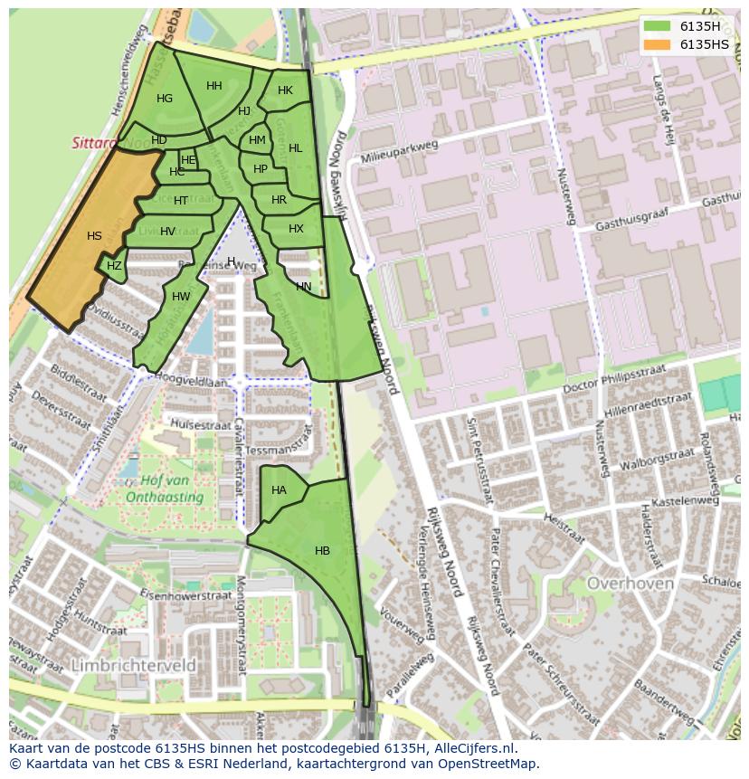 Afbeelding van het postcodegebied 6135 HS op de kaart.