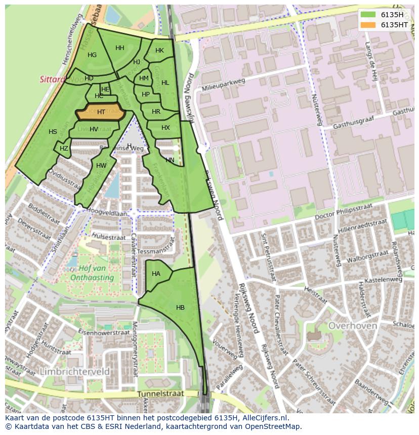 Afbeelding van het postcodegebied 6135 HT op de kaart.