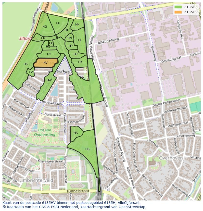 Afbeelding van het postcodegebied 6135 HV op de kaart.