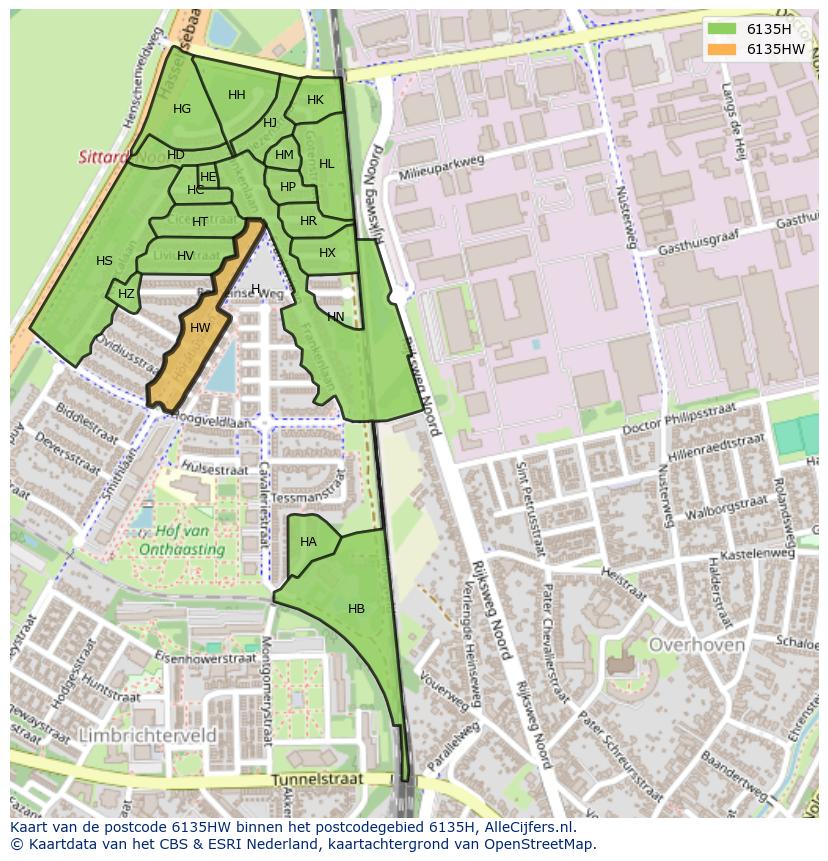Afbeelding van het postcodegebied 6135 HW op de kaart.