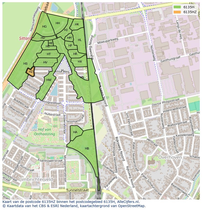 Afbeelding van het postcodegebied 6135 HZ op de kaart.