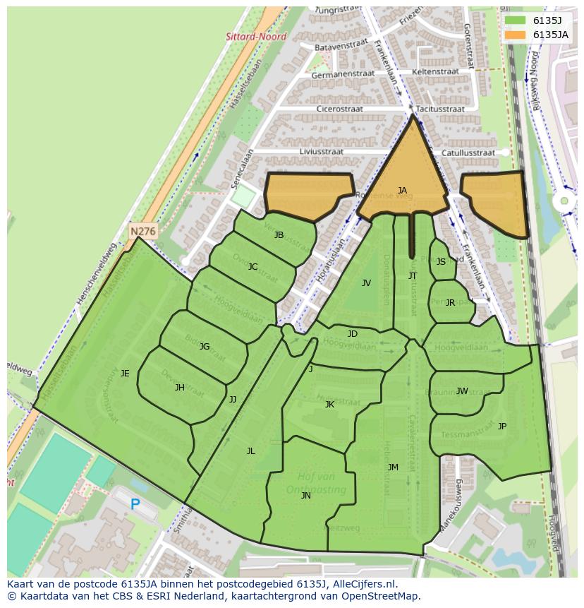 Afbeelding van het postcodegebied 6135 JA op de kaart.