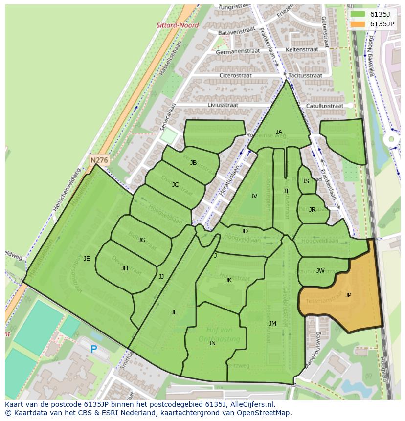 Afbeelding van het postcodegebied 6135 JP op de kaart.