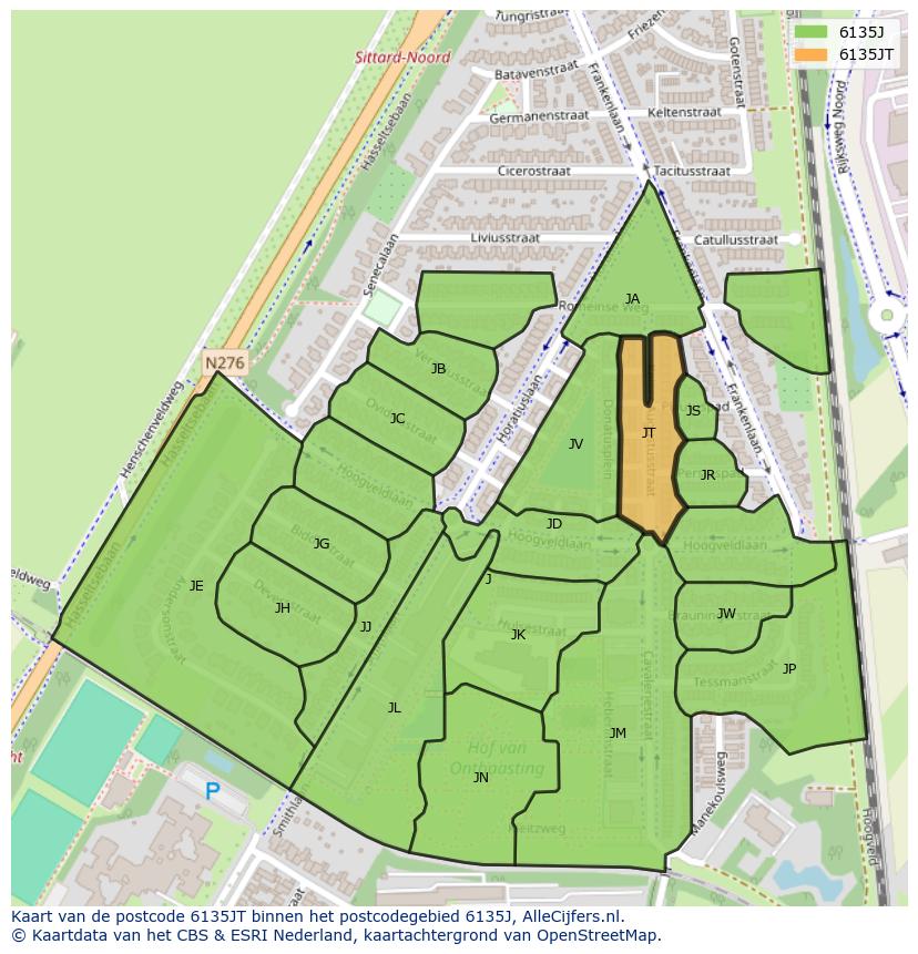 Afbeelding van het postcodegebied 6135 JT op de kaart.
