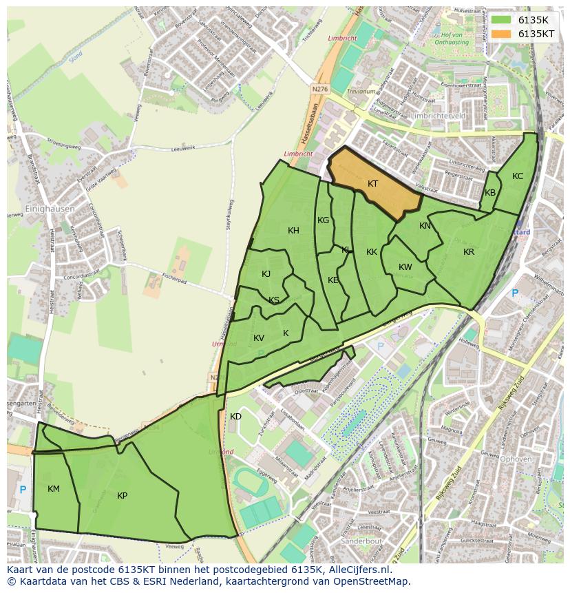 Afbeelding van het postcodegebied 6135 KT op de kaart.