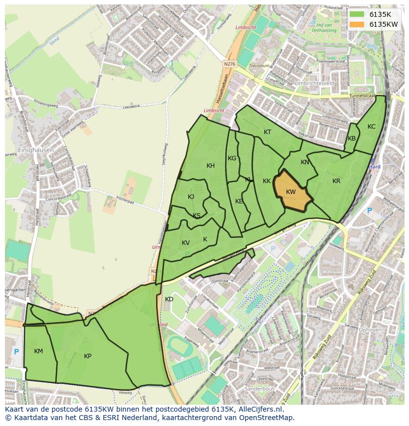 Afbeelding van het postcodegebied 6135 KW op de kaart.